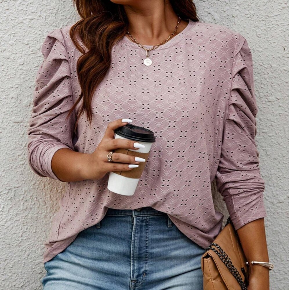 Eyelet Embroidery Puff Sleeve Long Sleeve Tee 2X